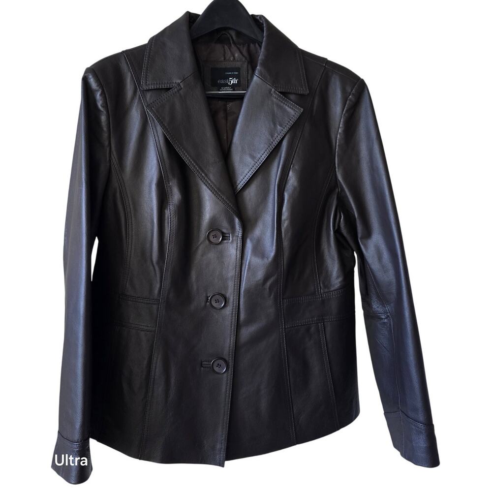 East5th Black Leather Jacket Double Breasted Lined Blazer Coat Women's XL